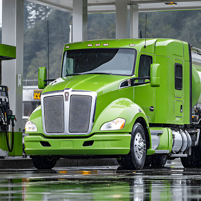 green truck at fuel station